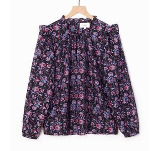 XiRENA Lanie Floral Ruffle Silk Blend Top Blouse Black Sz Lrg‎ Feminine Romantic